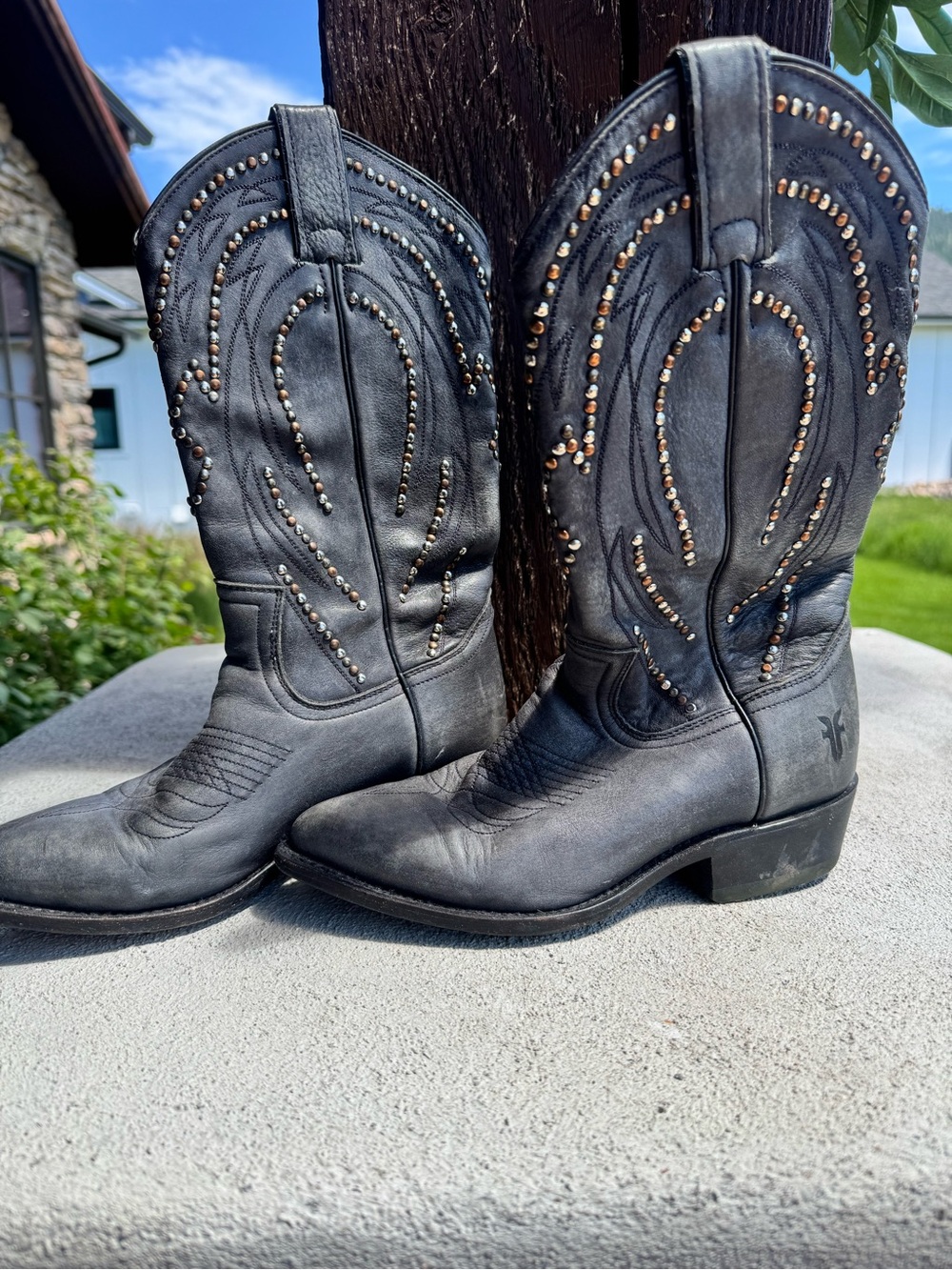 Frye Black Leather Western Stud-Embellished Boots